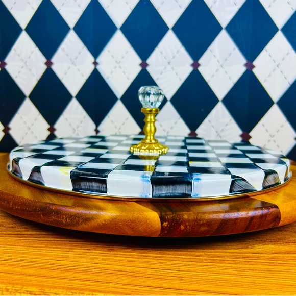 MacKenzie-Childs Cheese Platter Brass & Glass Finial Whimsical Checked Luxury - Picture 3 of 12